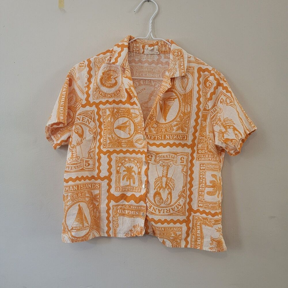 Nicole Miller Artelier Printed Button Down Org/wht Sz S Linen Blend  Boxy Beachy